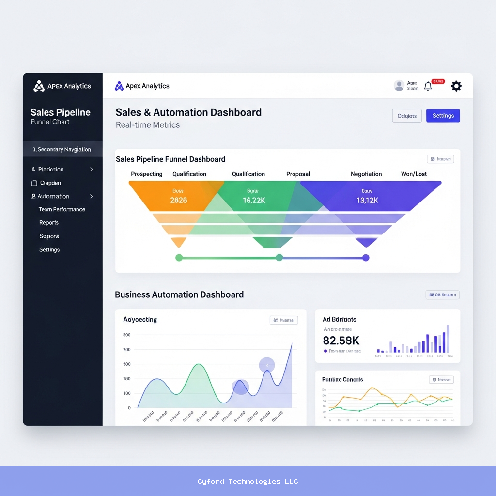 sales pipeline and business automation dashboard interface with charts